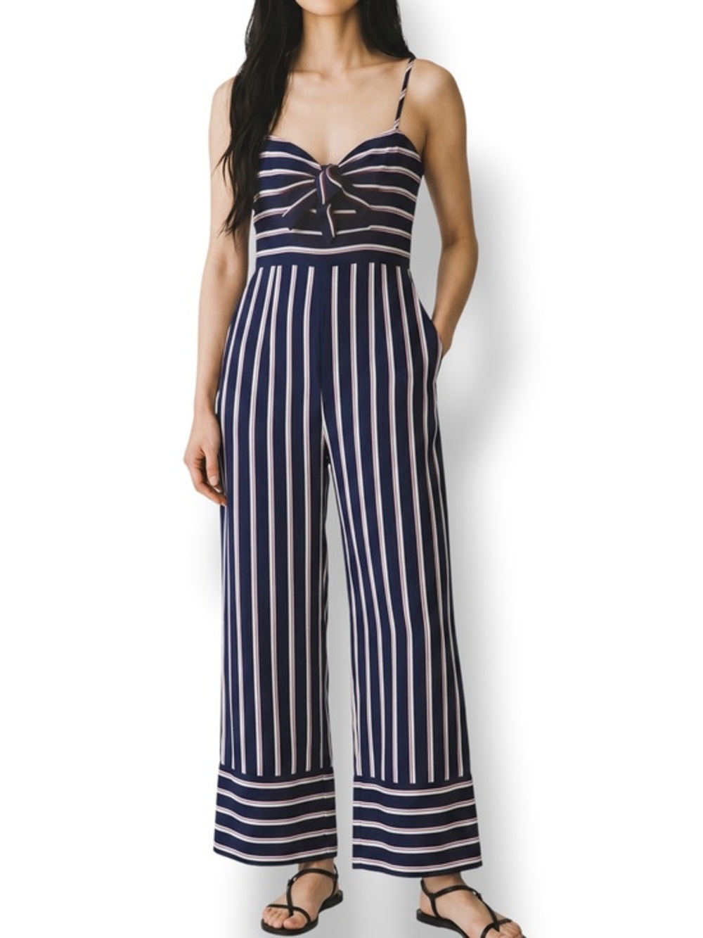 Bardot Striped Wide Leg Jumpsuit Navy Red White Tie Waist Size US 4 XS